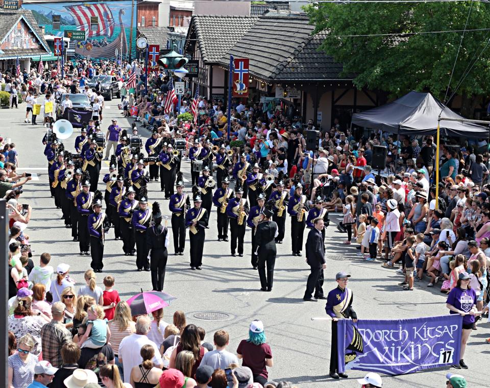 The North Kitsap Marching Band makes their way down Front street during the  55th annual Viking Fest parade through downtown Poulsbo on Saturday, May 20, 2023.