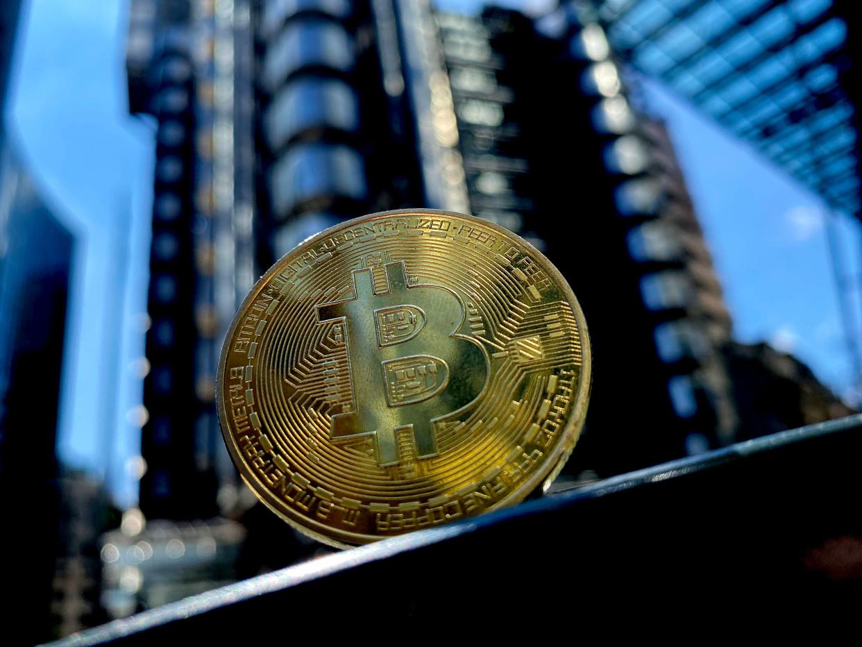 Visual representation of Bitcoin cryptocurrency is pictured on May 30, 2021 in London, England (Getty Images)