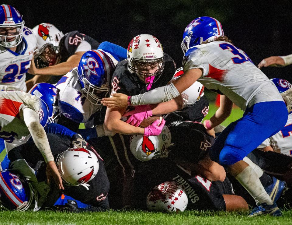 Stillman Valley's Brock Needs pushes through the line for an extra yard in the first quarter of their game against Genoa-Kingston on Friday, Oct. 6, 2023, in Stillman Valley.