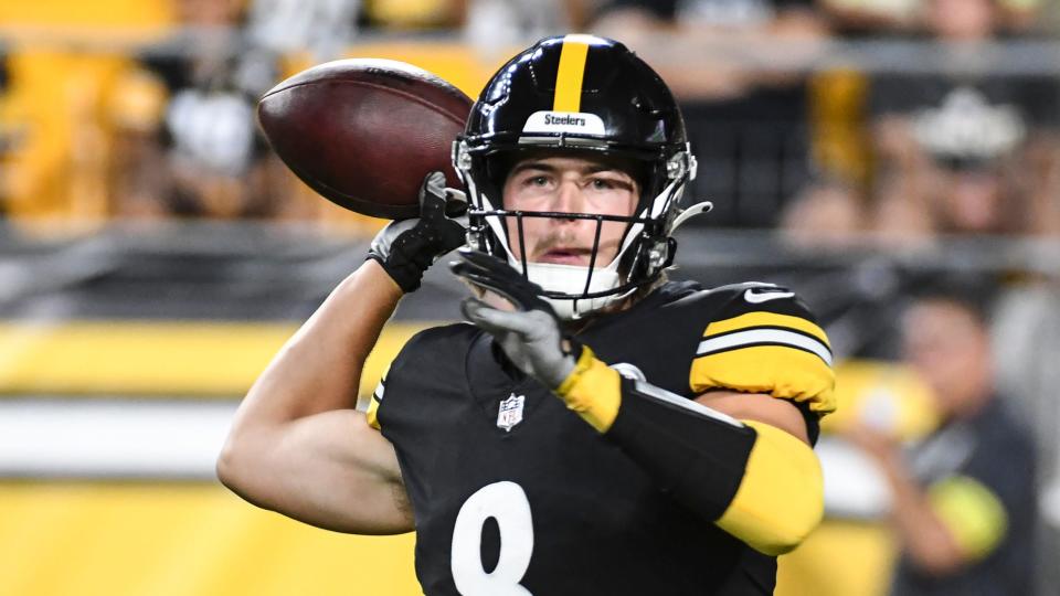 Pittsburgh Steelers quarterback Kenny Pickett (8) passes against the Seattle Seahawks during the second half of an NFL preseason football game, Saturday, Aug. 13, 2022, in Pittsburgh.