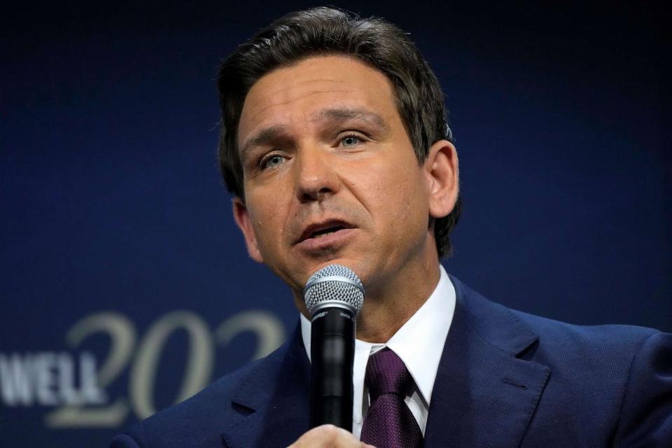 PHOTO: Republican presidential candidate Florida Gov. Ron DeSantis speaks during the Family Leadership Summit, July 14, 2023, in Des Moines, Iowa. (Charlie Neibergall/AP, FILE)