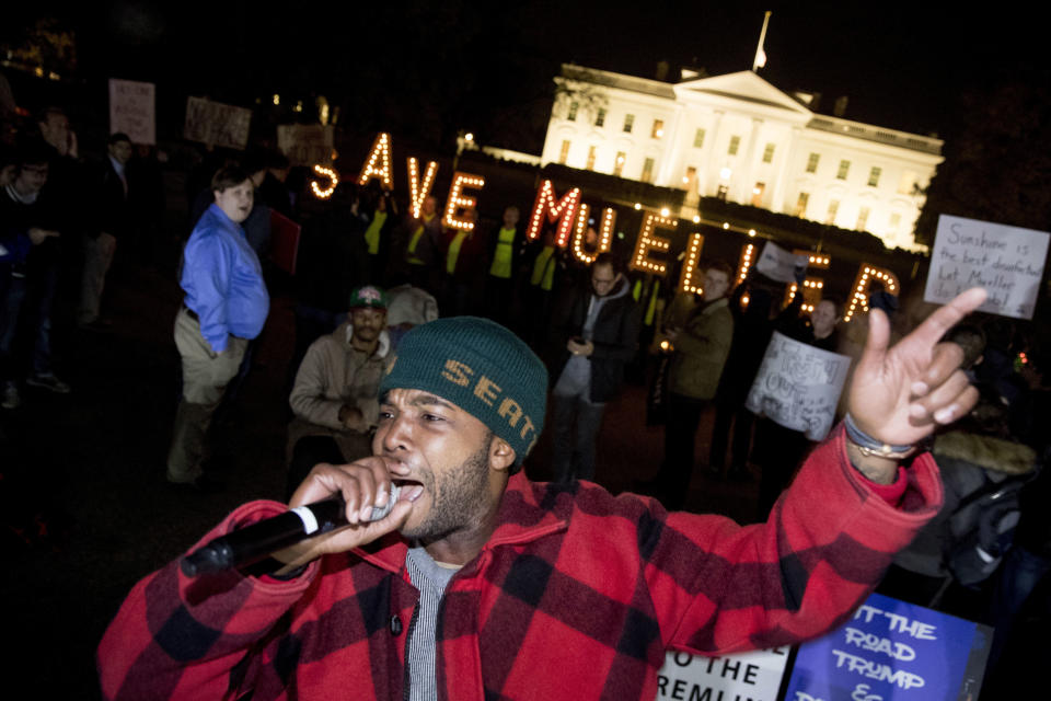 Protesters gather in front of the White House in Washington, Thursday, Nov. 8, 2018, as part of a nationwide "Protect Mueller" campaign demanding that Acting U.S. Attorney General Matthew Whitaker recuse himself from overseeing the ongoing special counsel investigation. (AP Photo/Andrew Harnik)