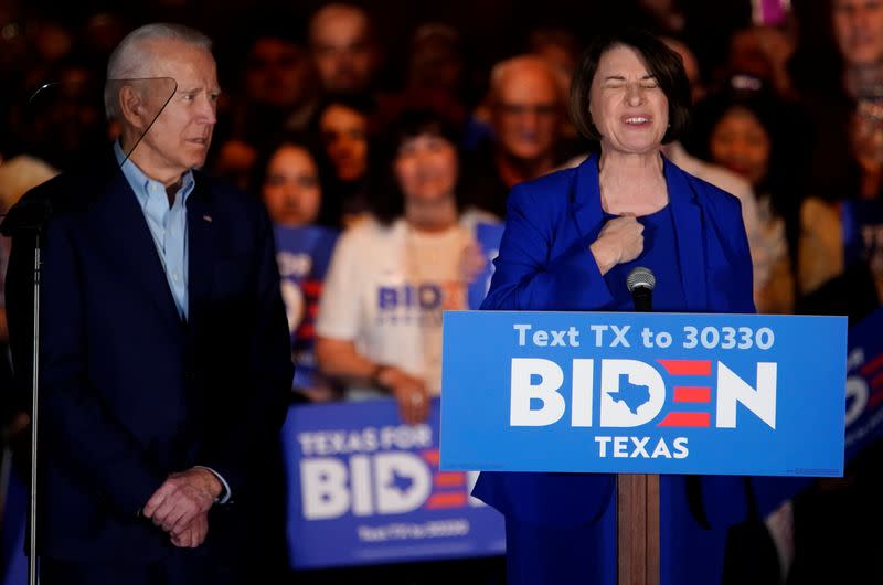 FILE PHOTO: Former Democratic 2020 U.S. presidential candidate Klobuchar endorses former U.S. Vice President Biden's campaign for U.S. president during a campaign event in Dallas,