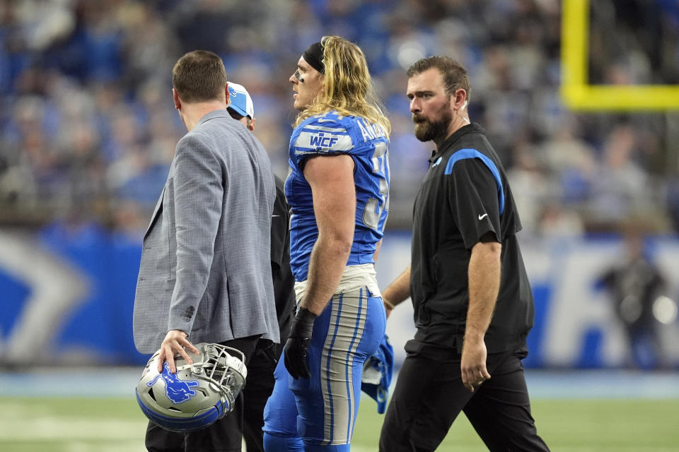 Detroit Lions linebacker Alex Anzalone (34) walks off the field during the second half of an NFL wild-card playoff football game against the Los Angeles Rams, Sunday, Jan. 14, 2024, in Detroit. (AP Photo/Paul Sancya)