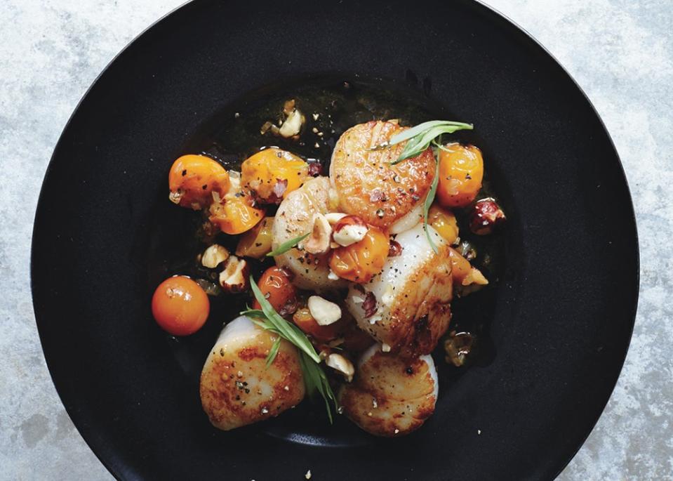 Scallops with Hazelnuts and Warm Sun Gold Tomatoes