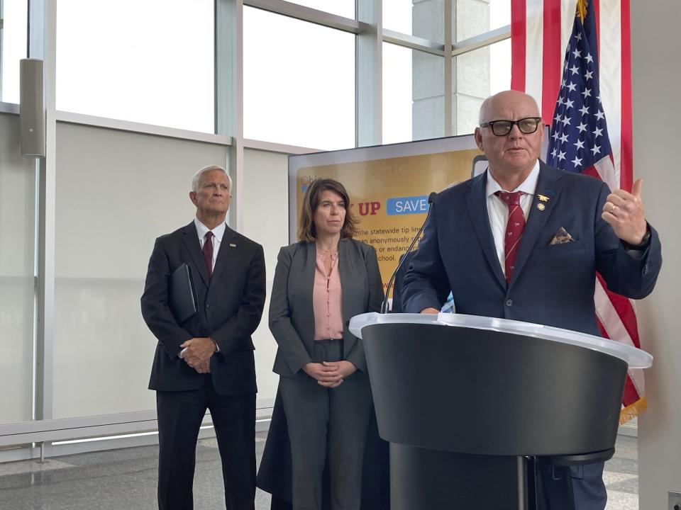 State Sen. Frank Hoaglund, a Republican from southeastern Ohio, discusses his support for a law that gives school districts the option of arming trained school employees, on Monday, June 13, 2022, in Columbus, Ohio. Hoaglund shepherded the bill through the Ohio Senate. GOP Gov. Mike DeWine signed the bill into law Monday and ordered the Ohio School Safety Center to require a maximum of 24 hours of initial training and eight hours of annual training. (AP Photo/Andrew Welsh-Huggins)