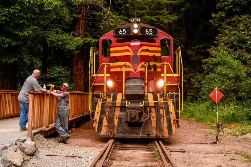 The engine of the Skunk Train on the tracks