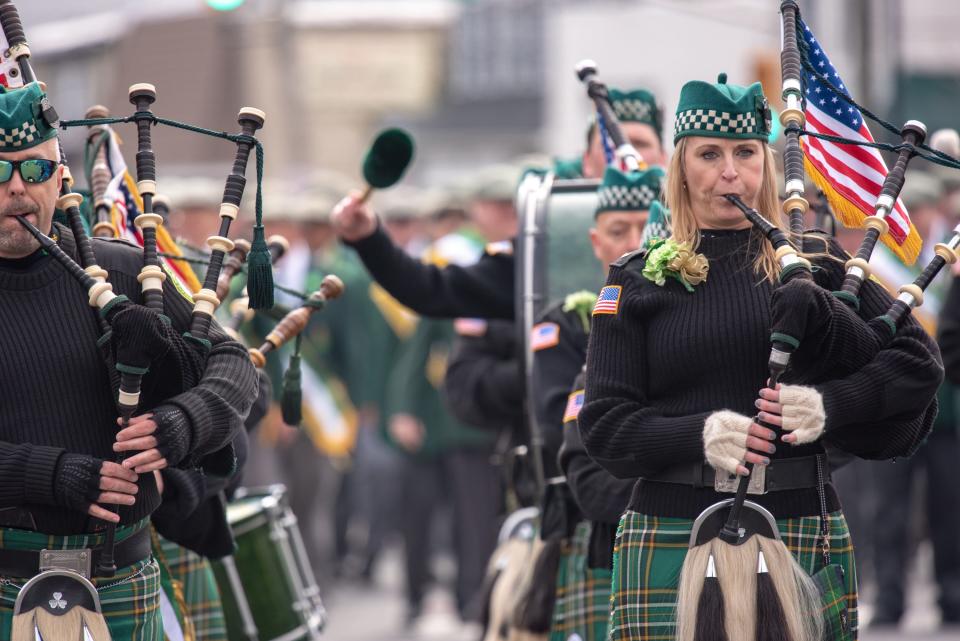 The Pipes and Drums of the Friendly Sons of the Shillelagh of the Jersey Shore march in 2019 during the annual Belmar St. Patrick's Day Parade.