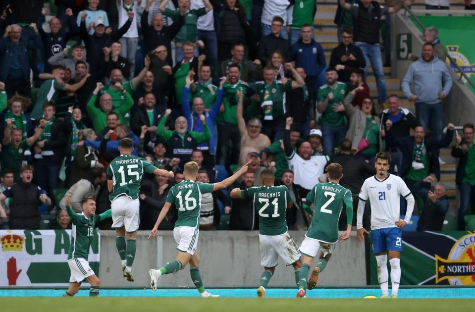 Josh Magennis celebrates his goal against Kosovo (Liam McBurney/PA) (PA Wire)