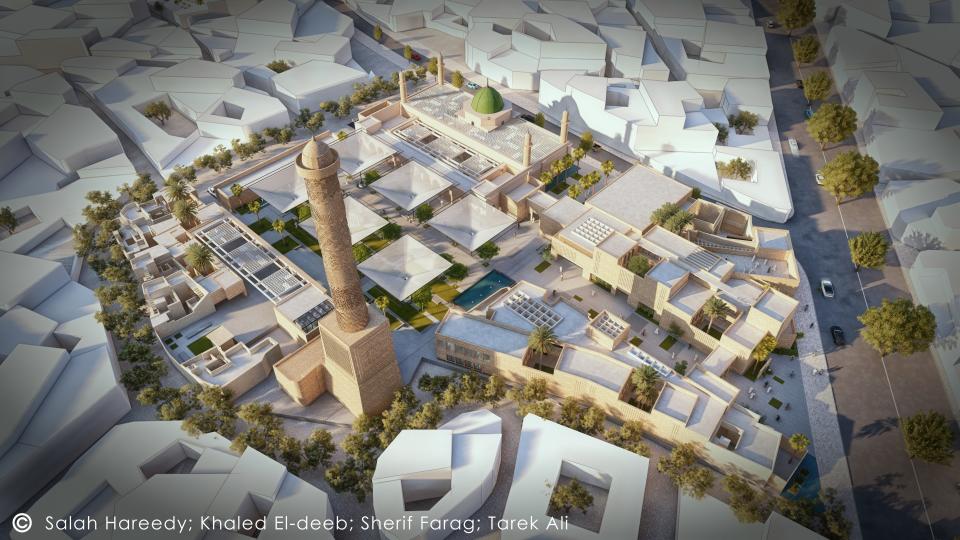 A shot of the proposed mosque complex as it relates to much of Mosul’s historic town.