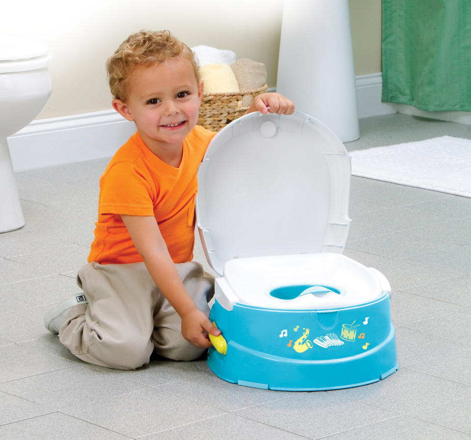 This product image released by Safety 1st shows the Musical Talkin Potty and Step Stool. The handle plays flushing sounds and parents can record a personal reward message. For some parents, summertime is potty training time. And like so many aspects of life with kids, potty training means gear, lots of gear. The choices in potty seats and chairs proliferated and sprouted all manner of bells and whistles. (AP Photo/Safety 1st)