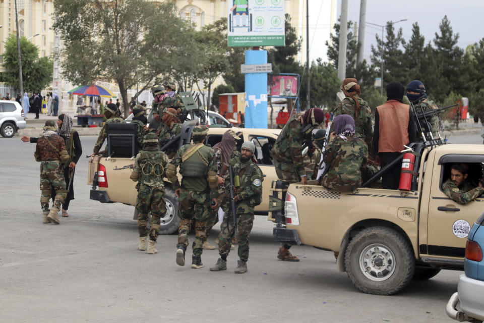 Taliban fighters arrive outside the Hamid Karzai International Airport after the U.S. military's withdrawal, in Kabul, Afghanistan, Tuesday, Aug. 31, 2021. The Taliban were in full control of Kabul's airport on Tuesday, after the last U.S. plane left its runway, marking the end of America's longest war. (AP Photo/Khwaja Tawfiq Sediqi)