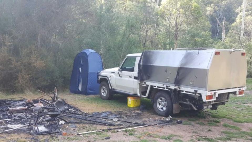 Mr Hill and Ms Clay’s burnt-out campsite was photographed by a camper in the Wonnangatta Valley. Picture: ABC