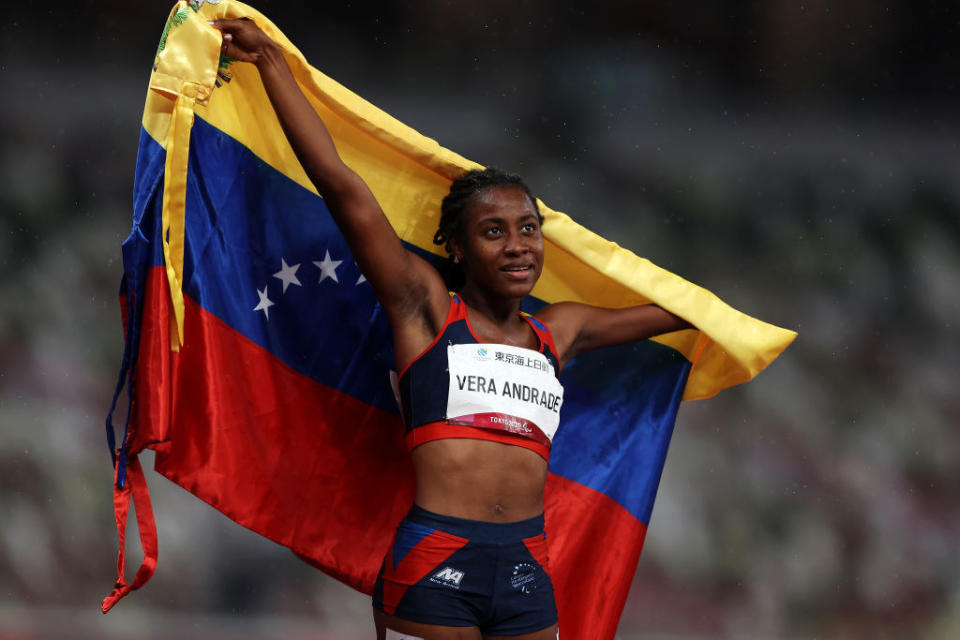 Lisbeli Marina Vera Andrade of Team Venezuela celebrates winning the gold medal after competing in the Women's 100m - T47 final at the 2020 Tokyo Paralympics