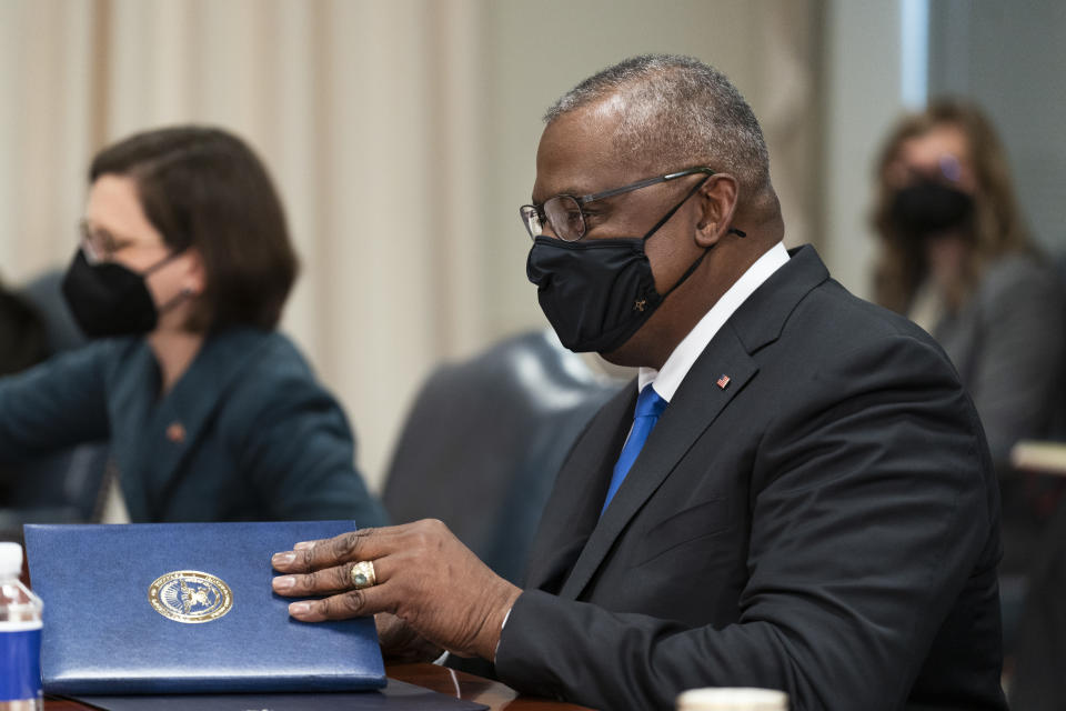 Defense Secretary Lloyd Austin speaks during a meeting with Norwegian Minister of Defense Odd Enoksen at the Pentagon, Tuesday, Nov. 16, 2021, in Washington. (AP Photo/Manuel Balce Ceneta)