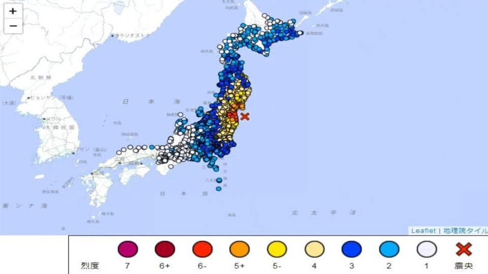 日本福島外海昨晚發生規模7.4強震。（圖／日本氣象廳）