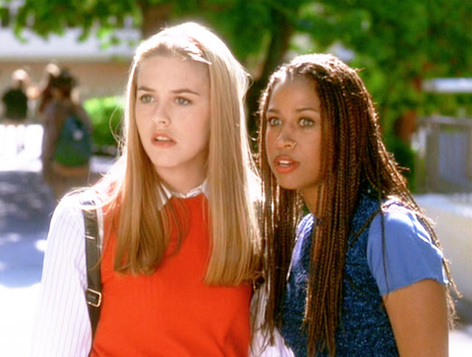 Seen here from left, Alicia Silverstone (as Cher Horowitz) and Stacey Dash (as Dionne Davenport) on set of The movie "Clueless" 