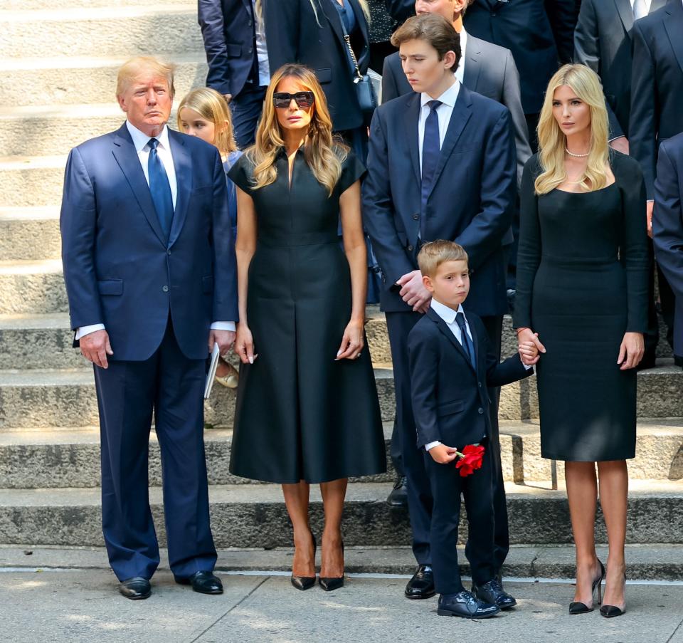 Donald Trump, Melania Trump, Barron Trump, Ivanka Trump are seen at the funeral of Ivana Trump on July 20, 2022 in New York City.