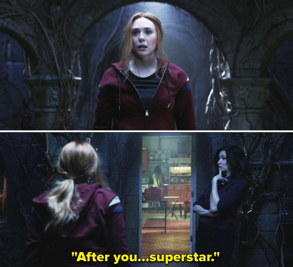 Agatha showing Wanda her past and saying, "After you, superstar"