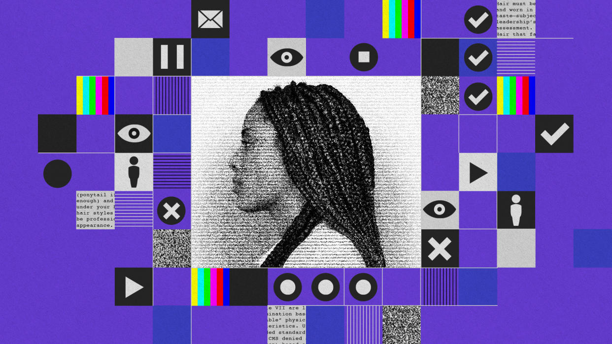 In a photo illustration, a woman wearing braids is seen in profile, along with graphics such as check marks and eye icons related to television production.