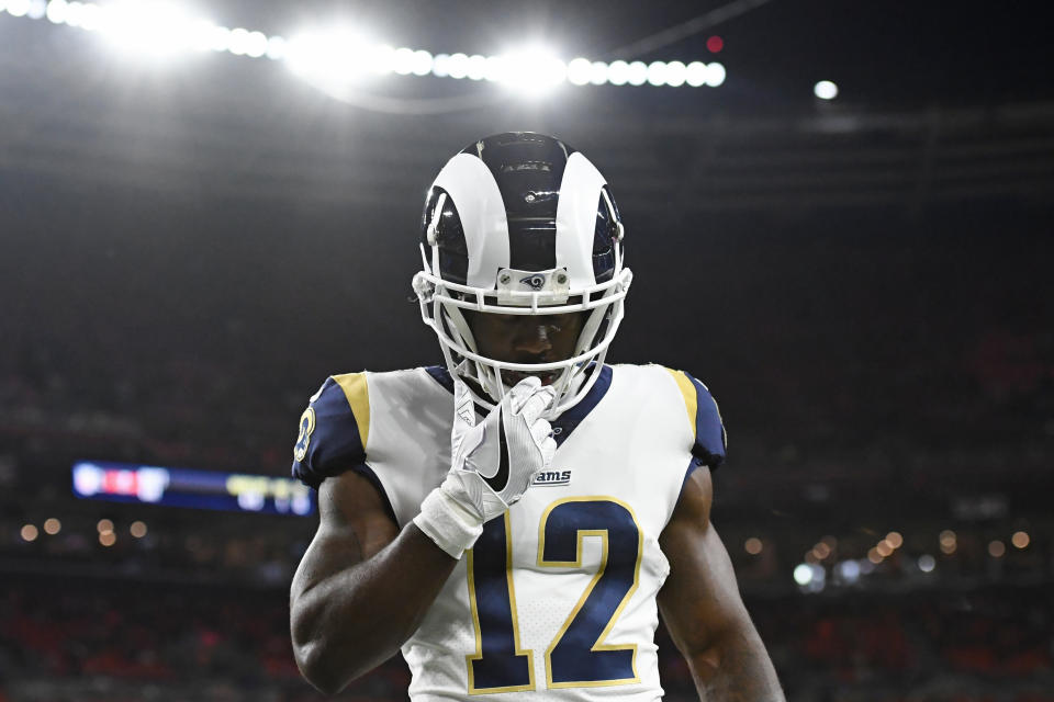 CLEVELAND, OH - SEPTEMBER 22, 2019: Wide receiver Brandin Cooks #12 of the Los Angeles Rams pauses as he walks off the field prior to a game against the Cleveland Browns on September 22, 2019 at FirstEnergy Stadium in Cleveland, Ohio. Los Angeles won 20-13. (Photo by: 2019 Nick Cammett/Diamond Images via Getty Images)