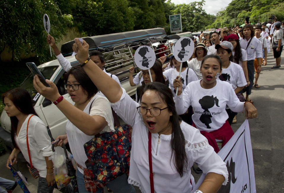 People shout slogans as they march during a protest in Yangon, Myanmar Saturday, July 6, 2019. Hundreds of people marched to Myanmar’s Central Investigation Department on Saturday in Yangon to demand justice for a 2-year-old girl who was allegedly raped in the country’s capital in May. (AP Photo/Thein Zaw)