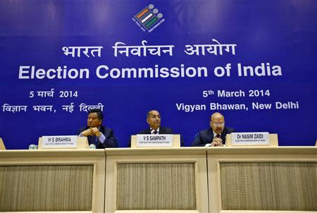 India's Chief Election Commissioner V.S. Sampath (C) listens to a reporter's question during a news conference to announce election dates, in New Delhi March 5, 2014. REUTERS/Anindito Mukherjee