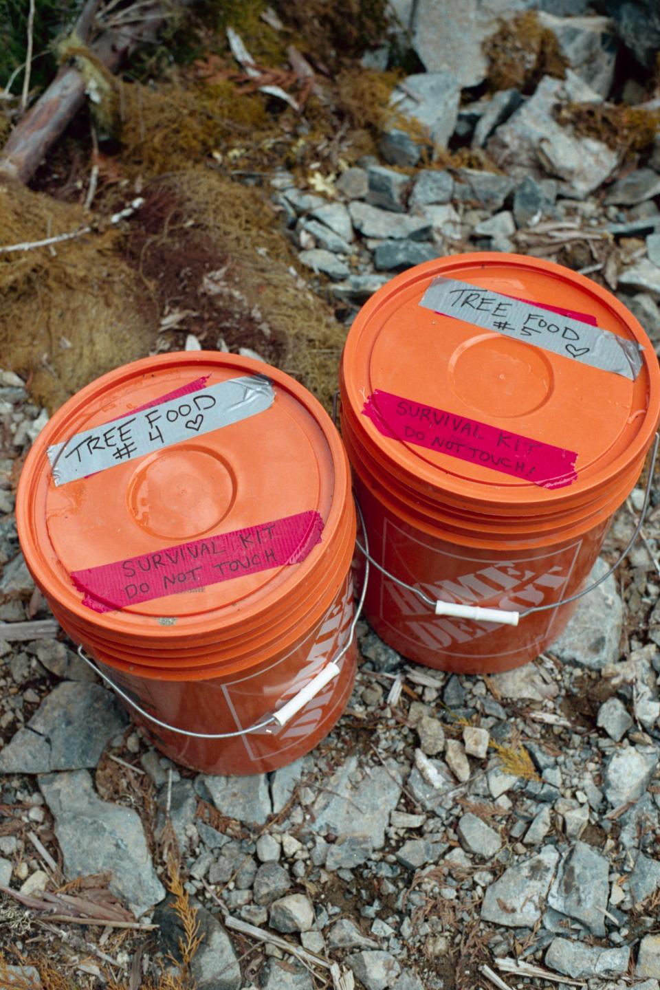 Food supplies for tree-sitters are stored in buckets and sent up to platforms via pulleys so that they can stay in place for days.