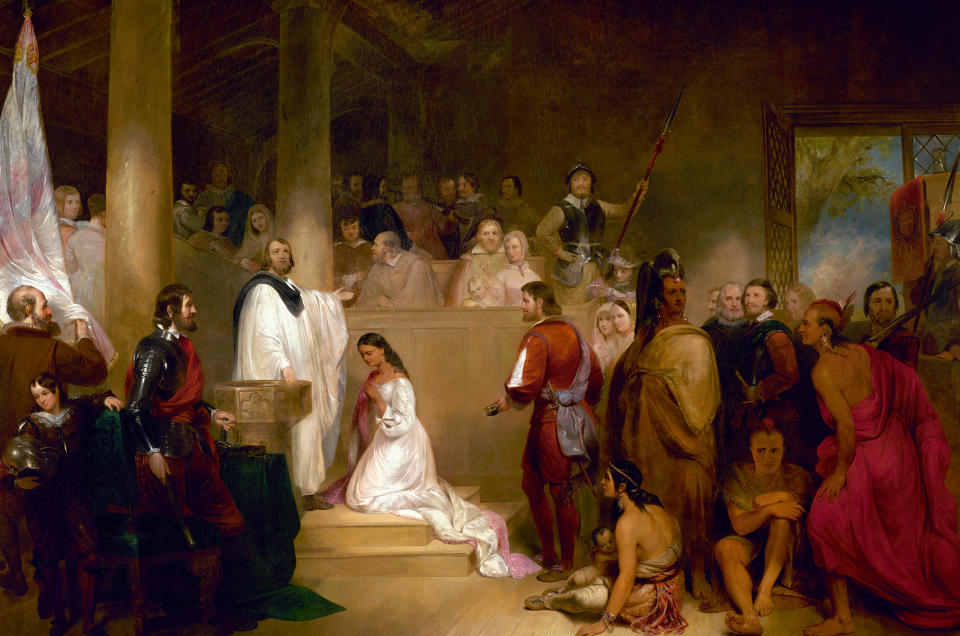 The Baptism of Pocahontas - John Gadsby Chapman depicts Pocahontas, wearing white, being baptized Rebecca by Anglican minister Alexander Whiteaker in Jamestown, Virginia; this event is believed to have taken place in 1613 or 1614. She kneels, surrounded by family members and colonists. Her brother Nantequaus turns away from the ceremony. The baptism took place before her marriage to Englishman John Rolfe, who stands behind her. Their union is said to be the first recorded marriage between a European and a Native American. The scene symbolizes the belief of Americans at the time that Native Ame