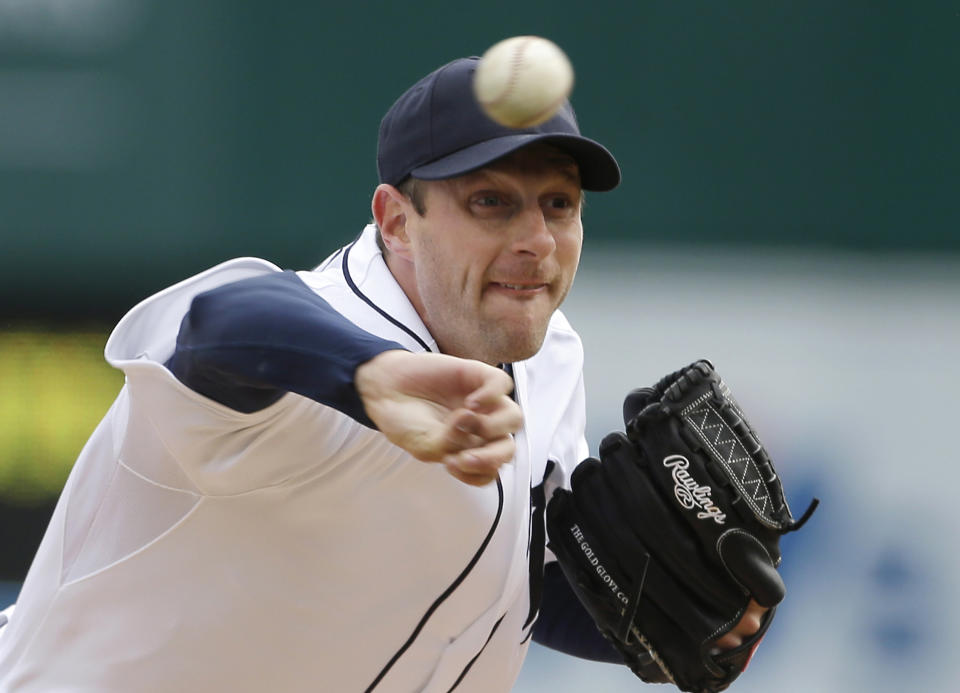 FILE - In this April 6, 2013, file photo, Detroit Tigers pitcher Max Scherzer throws during a baseball game against the New York Yankees in Detroit. Scherzer has agreed to a one-year contract with the Tigers for $15,525,000, setting himself up for an even bigger payday when he becomes eligible for free agency after the season. (AP Photo/Carlos Osorio, File)