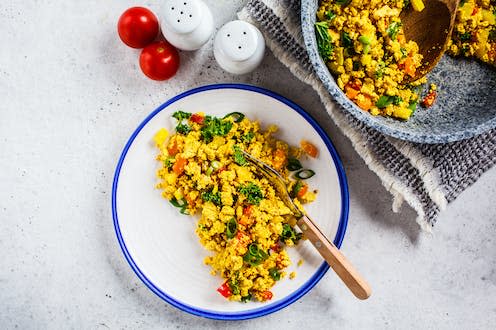 <span class="caption">Anyone for scrambled tofu?</span> <span class="attribution"><a class="link " href="https://www.shutterstock.com/image-photo/tofu-scramble-vegetables-white-plate-vegan-1517848847" rel="nofollow noopener" target="_blank" data-ylk="slk:Shutterstock;elm:context_link;itc:0;sec:content-canvas">Shutterstock</a></span>