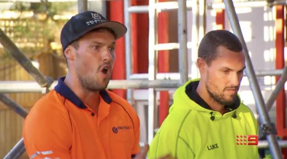 The Block's Luke and Josh Packham wearing hi-vis workwear on set