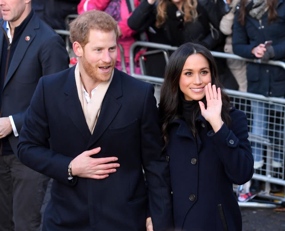 Things change slightly when Harry is around as Meghan adopts his rank. Photo: Getty