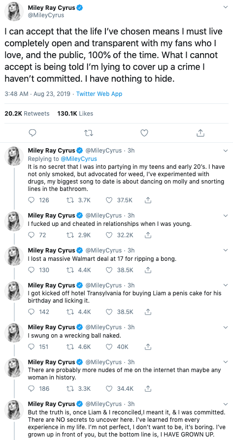 Miley Cyrus posts lengthy twitter rant about cheating rumours