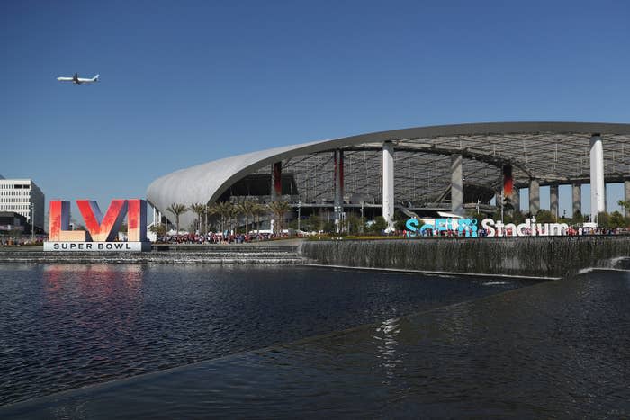 Super Bowl LVI logo outside of SoFi Stadium