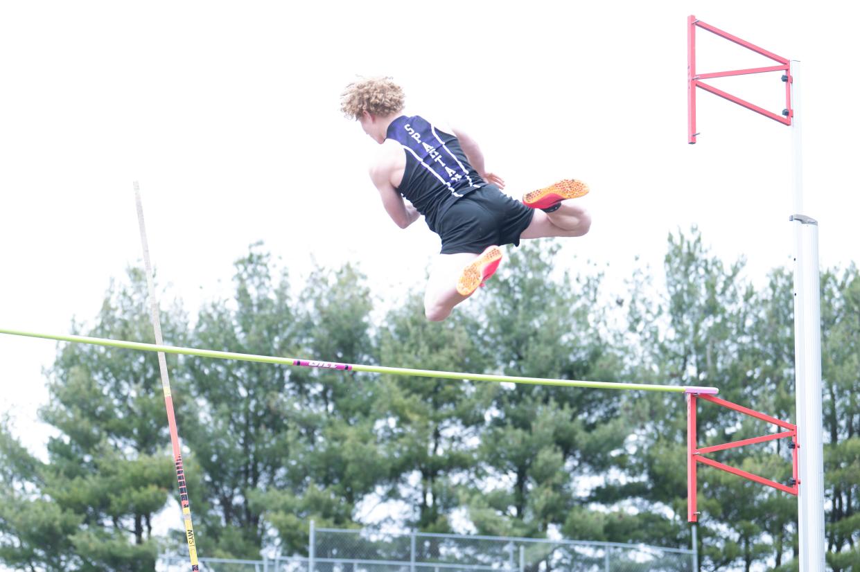 Lakeview athlete Trevor White competes in the pole vault event during the Lakeview Track and Field Invitational at Lakeview High School on Friday, April 5, 2024.