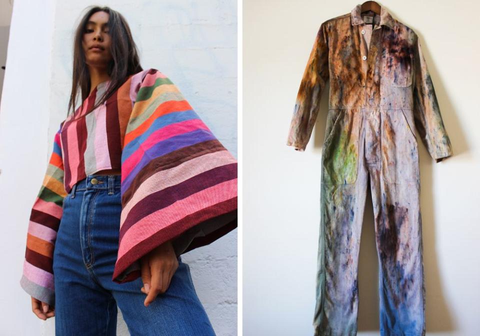 Left to right: Oaxacan Rainbow Top, $175; Upcycled Vintage Fly Suit, $350 (Photo: Orenda Tribe)