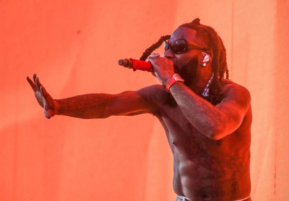 Burna Boy performs on the Coachella Stage at the Coachella Valley Music and Arts Festival in Indio, Calif., Friday, April 14, 2023.