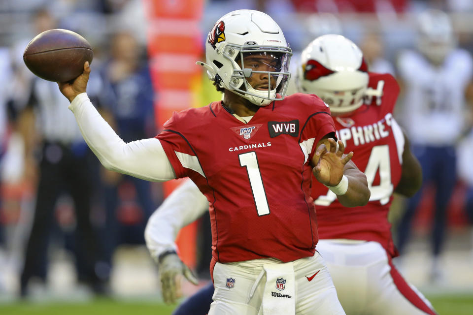 Arizona Cardinals quarterback Kyler Murray (1) throws against the Los Angeles Rams during the first half of an NFL football game, Sunday, Dec. 1, 2019, in Glendale, Ariz. (AP Photo/Ross D. Franklin)