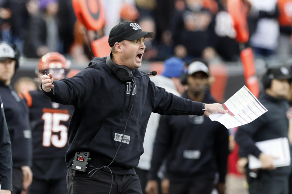 Cincinnati Bengals head coach Zac Taylor protests after an incomplete pass attempt to wide receiver Tee Higgins (5) during overtime of an NFL football game against the Minnesota Vikings Saturday, Dec. 16, 2023, in Cincinnati. (AP Photo/Jay LaPrete)