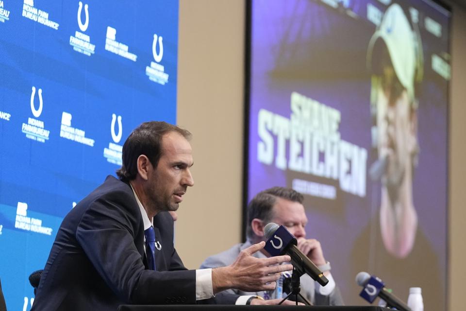Shane Steichen speaks during a news conference, Tuesday, Feb. 14, 2023, in Indianapolis. Steichen was introduced as the Colts new head coach. (AP Photo/Darron Cummings)