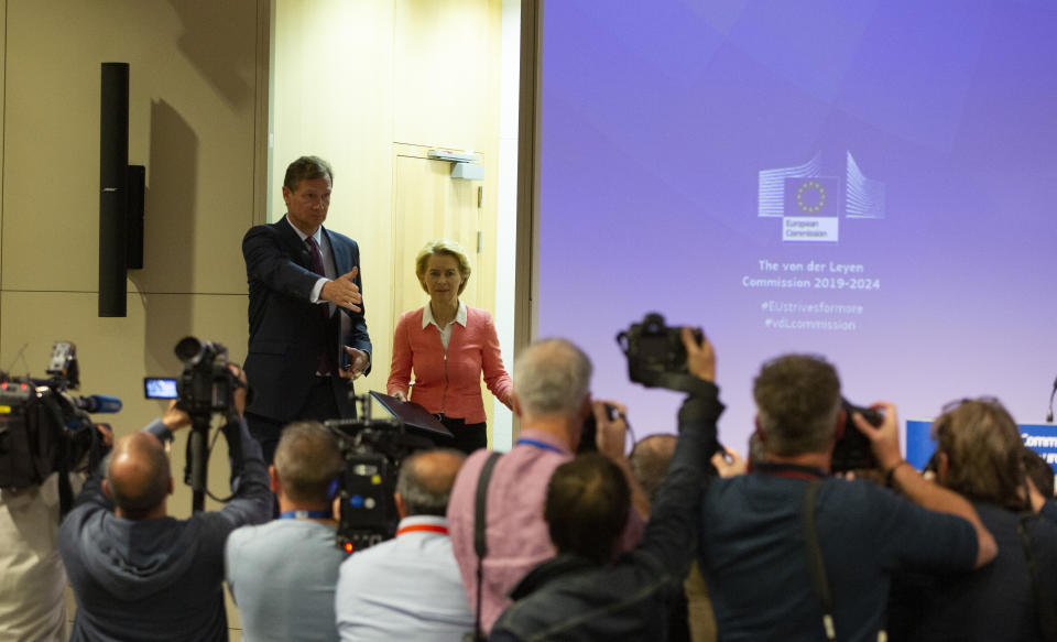 Incoming European Commission President Ursula von der Leyen arrives for a media conference at EU headquarters in Brussels, Tuesday, Sept. 10, 2019. Incoming European Commission President Ursula von der Leyen on Tuesday unveiled her team of candidates for the EU commission. (AP Photo/Virginia Mayo)