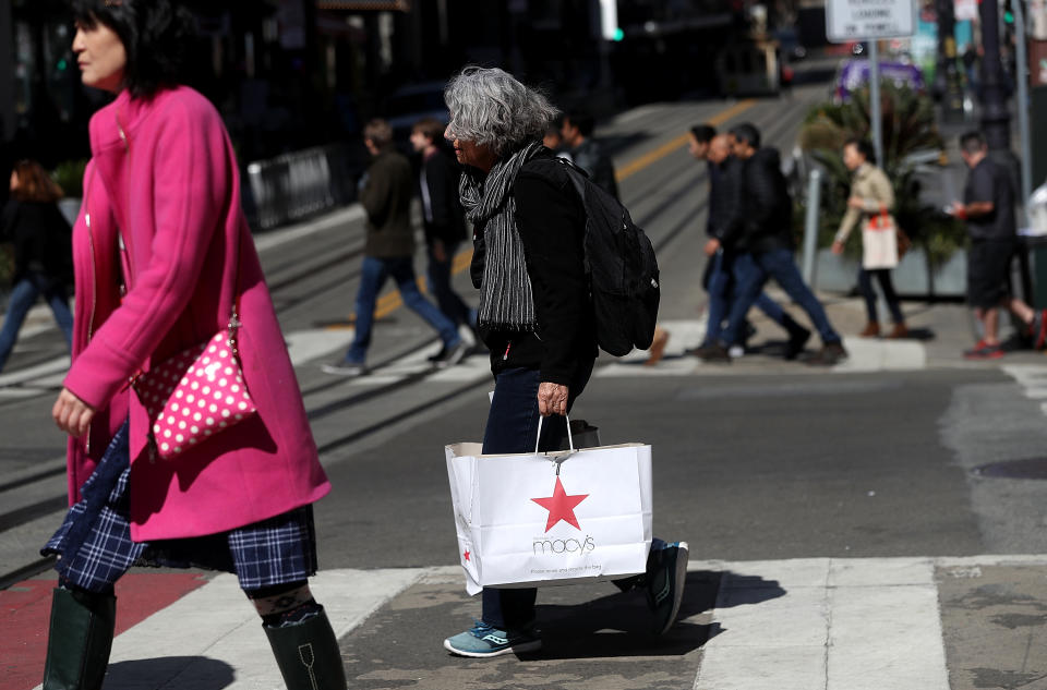 SAN FRANCISCO, CA - FEBRUARY 27:  A shopper carries a shopping bag while walking in the Union Square district on February 27, 2018 in San Francisco, California. The U.S. consumer confidence index surged to 130.80 in February, its highest level since November 2000.  (Photo by Justin Sullivan/Getty Images)