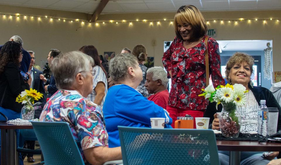 Desert Hot Springs Councilmember Jan Pye chats with residents Friday during at a vaccine drive at the city's senior center.