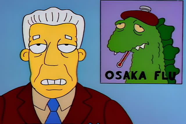 <p>Fox/Disney+</p> Kent Brockman reporting about the Osaka Flu in 'Marge in Chains'