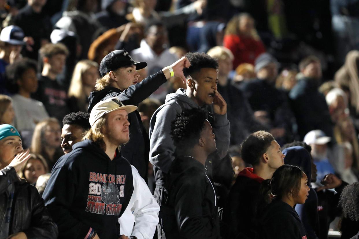 Brandon High School football fans disprove of a call by a referee during a game against Oak Grove High School at Bulldog Stadium for the 7A tournament of the 2023 high school football championships on Saturday, Nov. 24, 2023 in Brandon, MS.