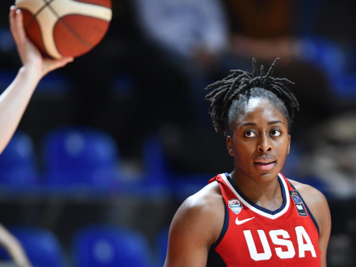 Nneka Ogwumike of USA reacts during the FIBA Women's Olympic Qualifying Tournament 2020 Group A match between Mozambique and USA at Aleksandar Nikolic Hall: (2020 Getty Images)