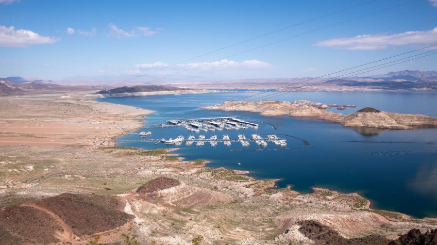 <em>Hemenway Harbor at Lake Mead as seen on March 26. (Photo: Duncan Phenix – KLAS)</em>