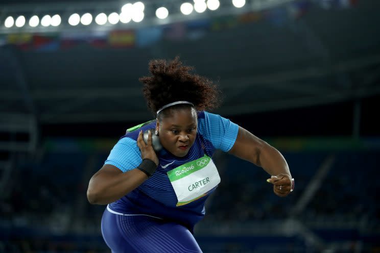 Michelle Carter competes in the women's shot put final on Day 7 of the Rio 2016 Olympic Games. (Photo: Getty Images)