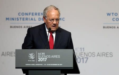 FILE PHOTO: Swiss Economy Minister Johann Schneider-Ammann speaks at the 11th World Trade Organization's ministerial conference in Buenos Aires, Argentina December 11, 2017. REUTERS/Marcos Brindicci -/File Photo